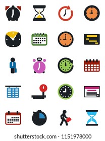 Color and black flat icon set - alarm clock vector, flight table, calendar, heavy scales, stopwatch, manager, schedule, sand