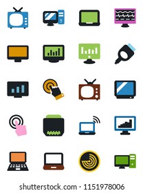 Color and black flat icon set - wireless notebook vector, radar, pc, statistic monitor, pulse, tv, touch screen, laptop, hdmi, statistics