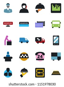 Color and black flat icon set - taxi vector, airport bus, baby room, reception, mobile phone, doctor, 24 hours, support, client, cargo container, car delivery, consolidated, scanner, moving, waiter