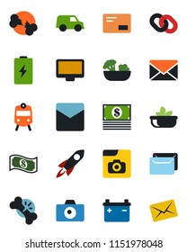 Color and black flat icon set - train vector, camera, mail, broken bone, monitor, chain, photo gallery, salad, battery, rocket, cash, car