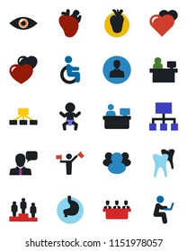 Color and black flat icon set - dispatcher vector, baby, pedestal, manager place, heart, disabled, stomach, real, tooth, eye, speaker, group, user, meeting, hierarchy, man with notebook