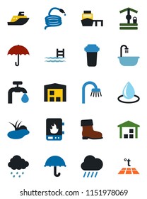 Color and black flat icon set - boot vector, water drop, rain, well, hose, pond, sea shipping, port, umbrella, warehouse, pool, supply, bathroom, heater, filter, warm floor