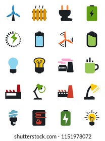 Color and black flat icon set - hot cup vector, bulb, factory, battery, charge, desk lamp, windmill, heater, power plug, water, energy saving, idea