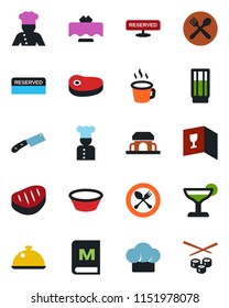 Color and black flat icon set - spoon and fork vector, coffee, cook, dish, restaurant table, cafe, hat, wine card, menu, reserved, drink, cocktail, building, steak, bowl, knife, sushi
