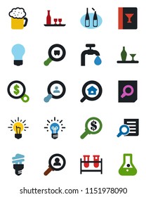 Color and black flat icon set - document search vector, bulb, blood test vial, ampoule, cargo, water supply, estate, client, alcohol, wine card, beer, energy saving, consumer, money, idea, flask
