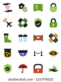 Color and black flat icon set - plane radar vector, fence, trash bin, safe, lock, boot, patch, heart hand, umbrella, shield, eye id, estate insurance, water filter, surveillance, palm sproute