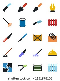Color and black flat icon set - trowel vector, rake, pruner, hoe, garden knife, scalpel, container, oil barrel, application, paper clip, ink pen, dish, radiator