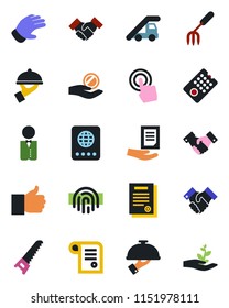 Color and black flat icon set - passport vector, ladder car, handshake, document, garden fork, glove, saw, touch screen, finger up, fingerprint id, contract, waiter, remote control, investment