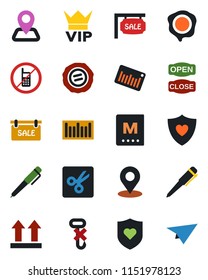 Color and black flat icon set - no mobile vector, vip, pen, stamp, heart shield, navigation, up side sign, hook, barcode, cut, place tag, sale, menu, open close, paper plane