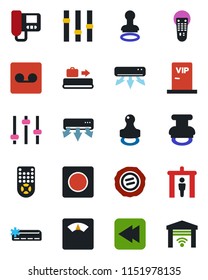 Color and black flat icon set - baggage conveyor vector, security gate, stamp, scales, settings, remote control, rewind, tuning, record, air conditioner, vip zone, intercome, garage