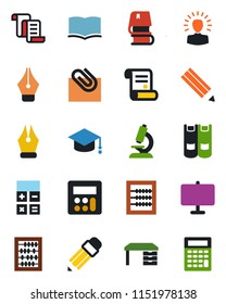Color and black flat icon set - contract vector, book, calculator, graduate, abacus, desk, microscope, presentation board, paper clip, ink pen, pencil, shining head
