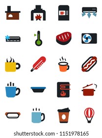 Color and black flat icon set - coffee machine vector, fireplace, thermometer, air conditioner, steak, hot dog, bowl, steaming pan, water heater, balloon