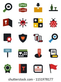 Color and black flat icon set - contract vector, lady bug, plant label, heart diagnostic, shield, medical calendar, package, search cargo, application, sertificate, alcohol, wine card, open close