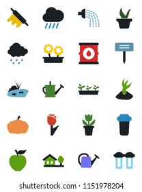 Color and black flat icon set - flower in pot vector, seedling, watering can, sproute, rain, plant label, pumpkin, tulip, oil barrel, house with tree, pond, rolling pin, apple fruit, water filter