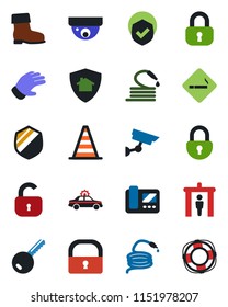 Color and black flat icon set - security gate vector, smoking place, alarm car, border cone, glove, boot, hose, shield, lock, key, intercome, home protect, surveillance, crisis management
