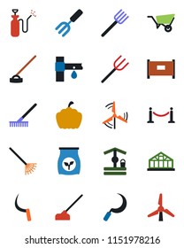 Color and black flat icon set - fence vector, garden fork, farm, rake, wheelbarrow, well, hoe, sickle, pumpkin, greenhouse, sprayer, fertilizer, drip irrigation, windmill