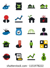 Color and black flat icon set - bomb in case vector, left arrow, manager, contract, plant label, greenhouse, pond, fertilizer, application, point graph, house with tree, estate agent, eco, money bag