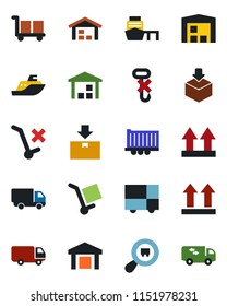 Color and black flat icon set - sea shipping vector, truck trailer, car delivery, port, consolidated cargo, up side sign, no trolley, hook, warehouse, package, search, moving