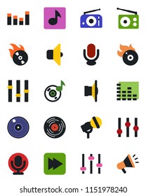 Color and black flat icon set - vinyl vector, flame disk, microphone, radio, speaker, settings, equalizer, fast forward, tuning, music, sound, advertising