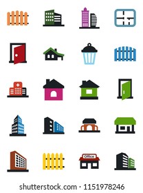 Color and black flat icon set - office building vector, fence, house, garden light, hospital, store, with garage, plan, cafe, door