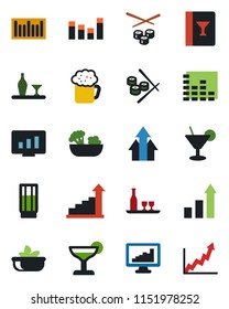 Color and black flat icon set - growth statistic vector, monitor, barcode, equalizer, statistics, alcohol, wine card, drink, cocktail, beer, salad, sushi, arrow up graph