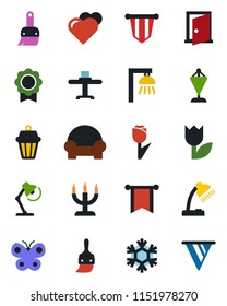 Color and black flat icon set - pennant vector, butterfly, heart, tulip, themes, sertificate, desk lamp, cushioned furniture, restaurant table, candle, snowflake, outdoor, door, pennant