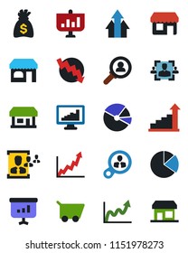Color and black flat icon set - shop vector, growth statistic, money bag, crisis graph, store, monitor statistics, pie, hr, consumer search, arrow up, cart, presentation, storefront