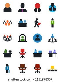 Color and black flat icon set - reception vector, manager, place, client, user, company, office chair, desk, hierarchy, estate agent, group