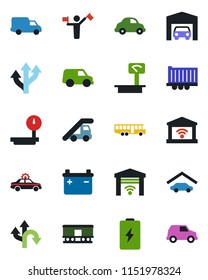 Color and black flat icon set - dispatcher vector, airport bus, alarm car, ladder, route, truck trailer, delivery, heavy scales, railroad, garage, gate control, battery