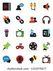Color and black flat icon set - satellite antenna vector, reel, flame disk, microphone, news, speaker, gamepad, remote control, dialog, headphones, radio phone, chain, group, paper pin, rca, video