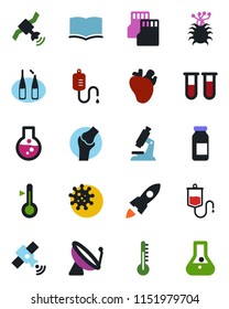Color and black flat icon set - satellite antenna vector, book, blood test vial, dropper, microscope, ampoule, real heart, joint, virus, sd, thermometer, rocket, flask