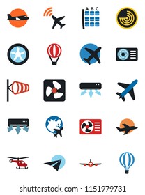 Color and black flat icon set - plane vector, radar, wind, helicopter, seat map, globe, air conditioner, fan, paper, balloon