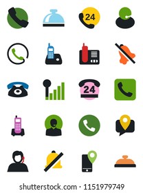 Color and black flat icon set - phone vector, reception bell, office, 24 hours, support, mobile tracking, radio, call, mute, cellular signal