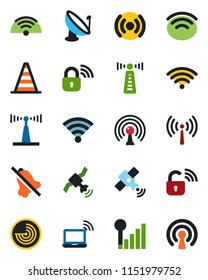 Color and black flat icon set - antenna vector, wireless notebook, border cone, radar, satellite, mute, cellular signal, lock