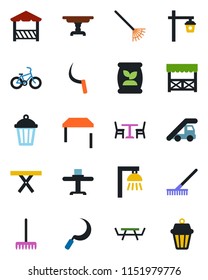 Color and black flat icon set - cafe vector, ladder car, rake, sickle, garden light, picnic table, fertilizer, bike, restaurant, alcove, outdoor lamp