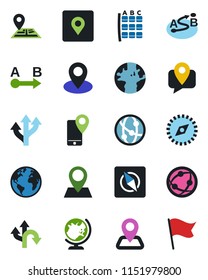 Color and black flat icon set - globe vector, seat map, route, navigation, earth, pin, mobile tracking, network, place tag, compass, flag