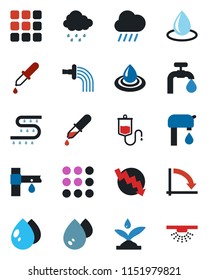 Color and black flat icon set - crisis graph vector, watering, water drop, rain, drip irrigation, dropper, menu, supply, sprinkler