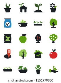 Color and black flat icon set - flower in pot vector, seedling, tree, sproute, plant label, fertilizer, fruit, salad, apple, eco house, palm
