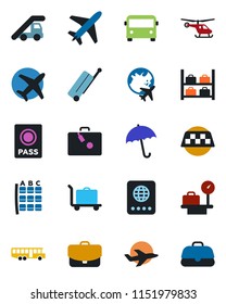 Color and black flat icon set - plane vector, taxi, suitcase, baggage trolley, airport bus, umbrella, passport, ladder car, helicopter, seat map, luggage storage, scales, globe, case