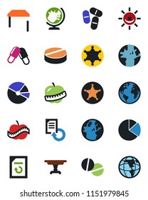 Color and black flat icon set - globe vector, document reload, pills, diet, earth, pie graph, table, police, alarm led