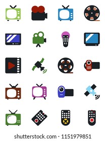 Color and black flat icon set - tv vector, reel, satellite, video camera, remote control