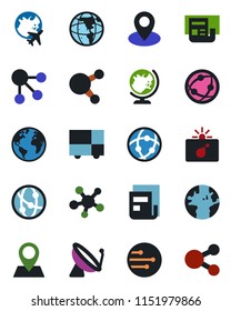 Color and black flat icon set - satellite antenna vector, bomb in case, globe, plane, earth, pin, consolidated cargo, network, share, news, social media