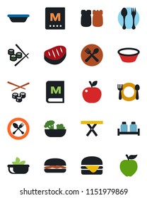 Color and black flat icon set - spoon and fork vector, picnic table, cafe, menu, salad, salt pepper, steak, hamburger, bowl, sushi, apple fruit