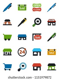 Color and black flat icon set - 24 around vector, shop, pen, store, search cargo, sale, sold signboard, cafe building, open close, cart, storefront