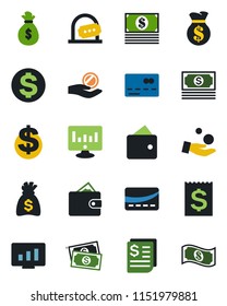 Color and black flat icon set - credit card vector, ticket office, dollar sign, money bag, statistic monitor, cash, receipt, wallet, investment