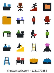 Color and black flat icon set - manager vector, desk, place, ladder, folder, career, cook, office chair, case