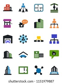 Color and black flat icon set - hierarchy vector, well, molecule, hospital, office building, garage, plan, home message