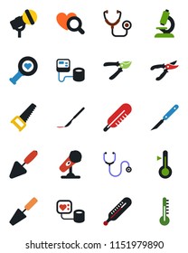 Color and black flat icon set - trowel vector, pruner, saw, stethoscope, blood pressure, thermometer, heart diagnostic, microscope, scalpel, microphone