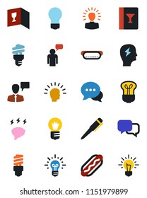 Color and black flat icon set - speaking man vector, pen, brainstorm, bulb, dialog, wine card, hot dog, energy saving, shining head, idea