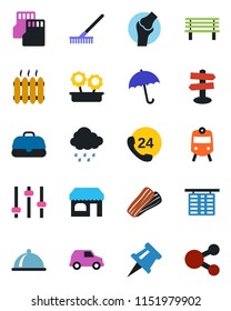 Color and black flat icon set - train vector, umbrella, shop, flight table, rake, rain, bench, joint, signpost, 24 hours, tuning, sd, drawing pin, heater, flower in pot, dish, bacon, case, car